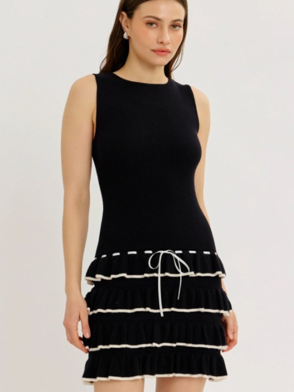 Black Ivory Ruffle Tiered Knit Sleeveless Mini Dress NWT #D103